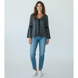 Knox Rose Boho Bell Sleeve Top Sz XXL Gray Crochet Knit Tunic Whimsigoth Witchy